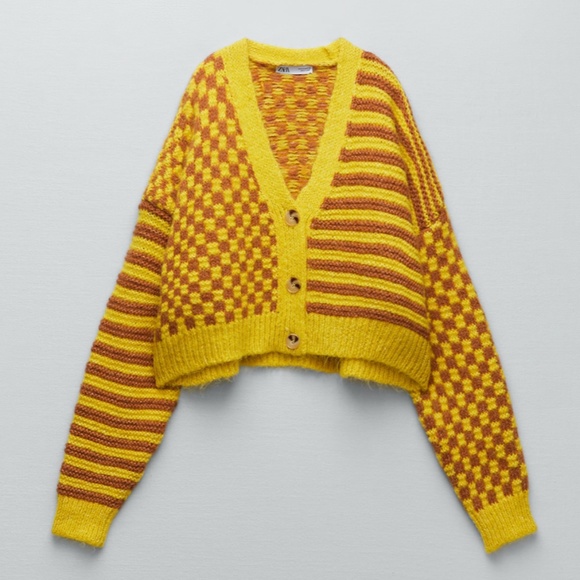 Zara yellow and brown checks stripes touch of wool jacquard knit cardigan NWT - Picture 1 of 11